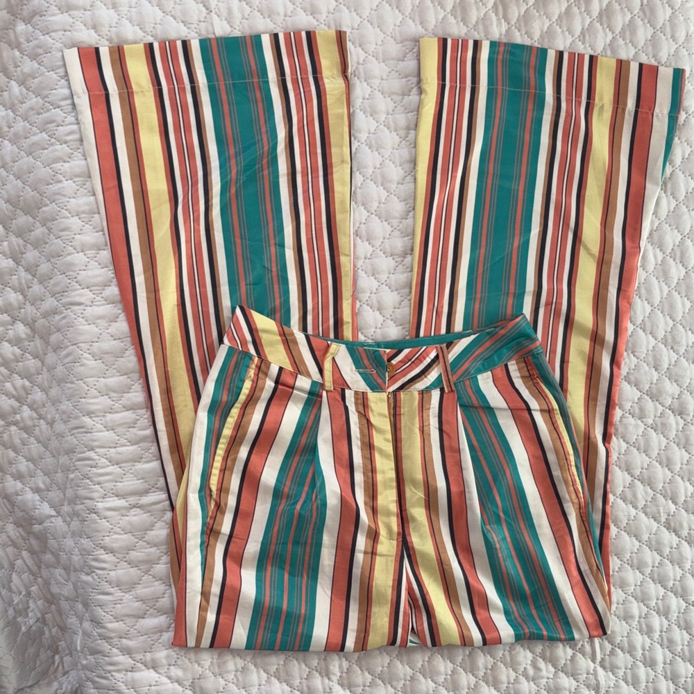 Anthropologie Tiny Brand Striped Wide-Leg Pants in Teal, Yellow & Coral - Women